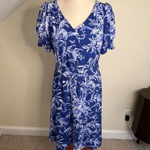 Talbots Petites Blue and White Floral Midi Dress Waist Tie V-neck Spring Brunch